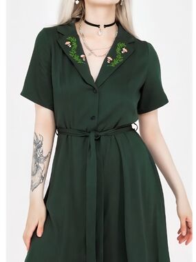 Disturbia Dark Green Embroidered Collar Midi Dress